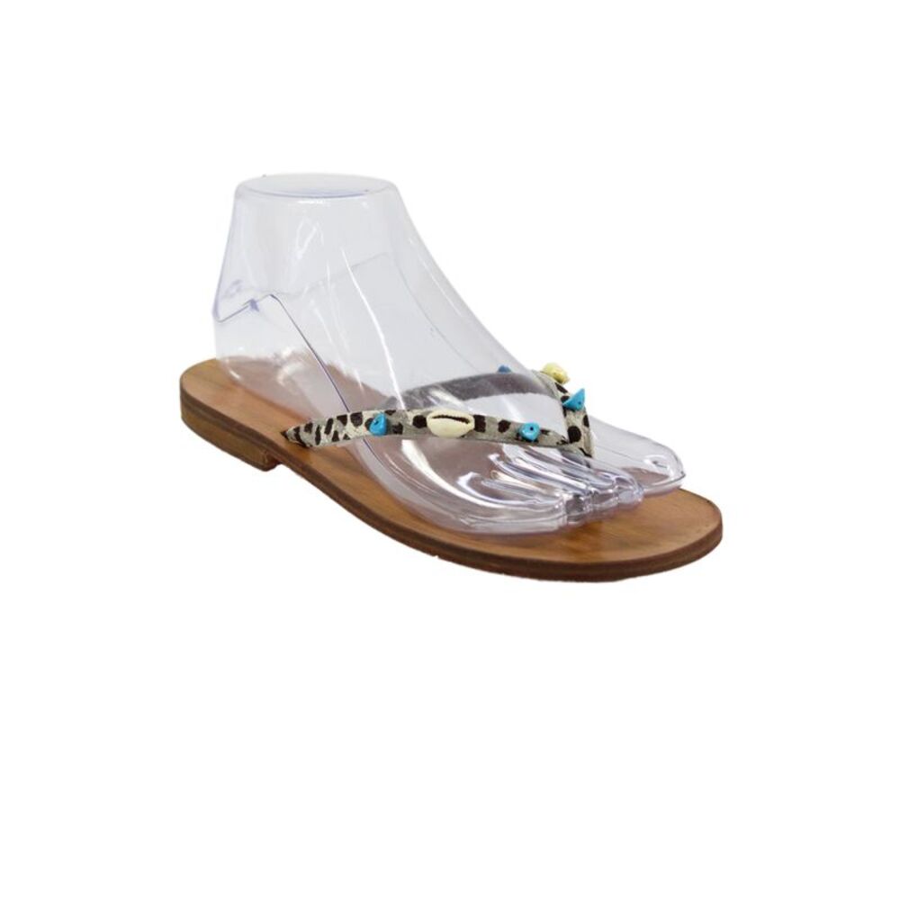 Submarine Womens Shell Leopard Printed Leather T Strap Sandals Gray Size 36